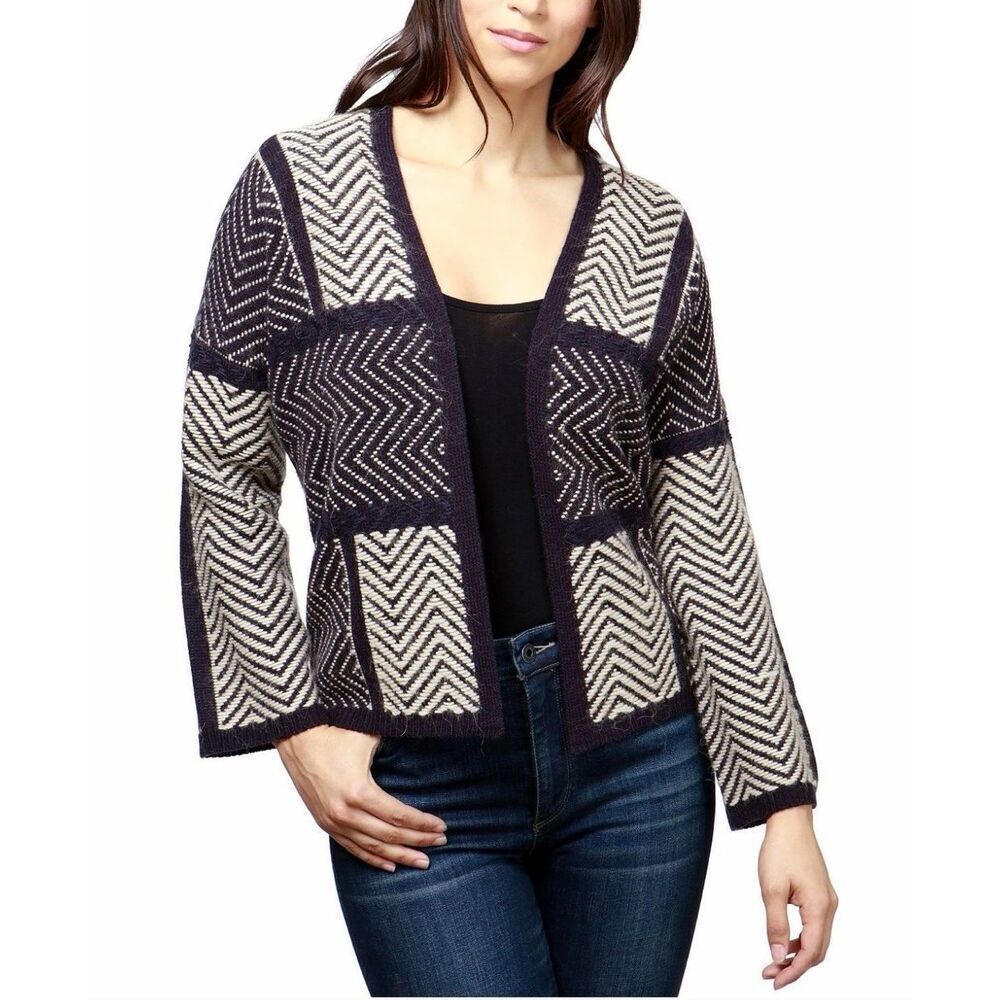 Lucky Brand Women Blue Beige Colorblock Sweater Open-Front Cardigan Size XL